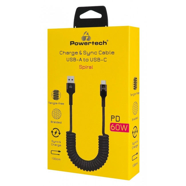 USB A - USB TYPE-C PD 60W ΚΑΛΩΔΙΟ ΣΠΙΡΑΛ 1m POWERTECH PTR-0197 ΜΑΥΡΟ